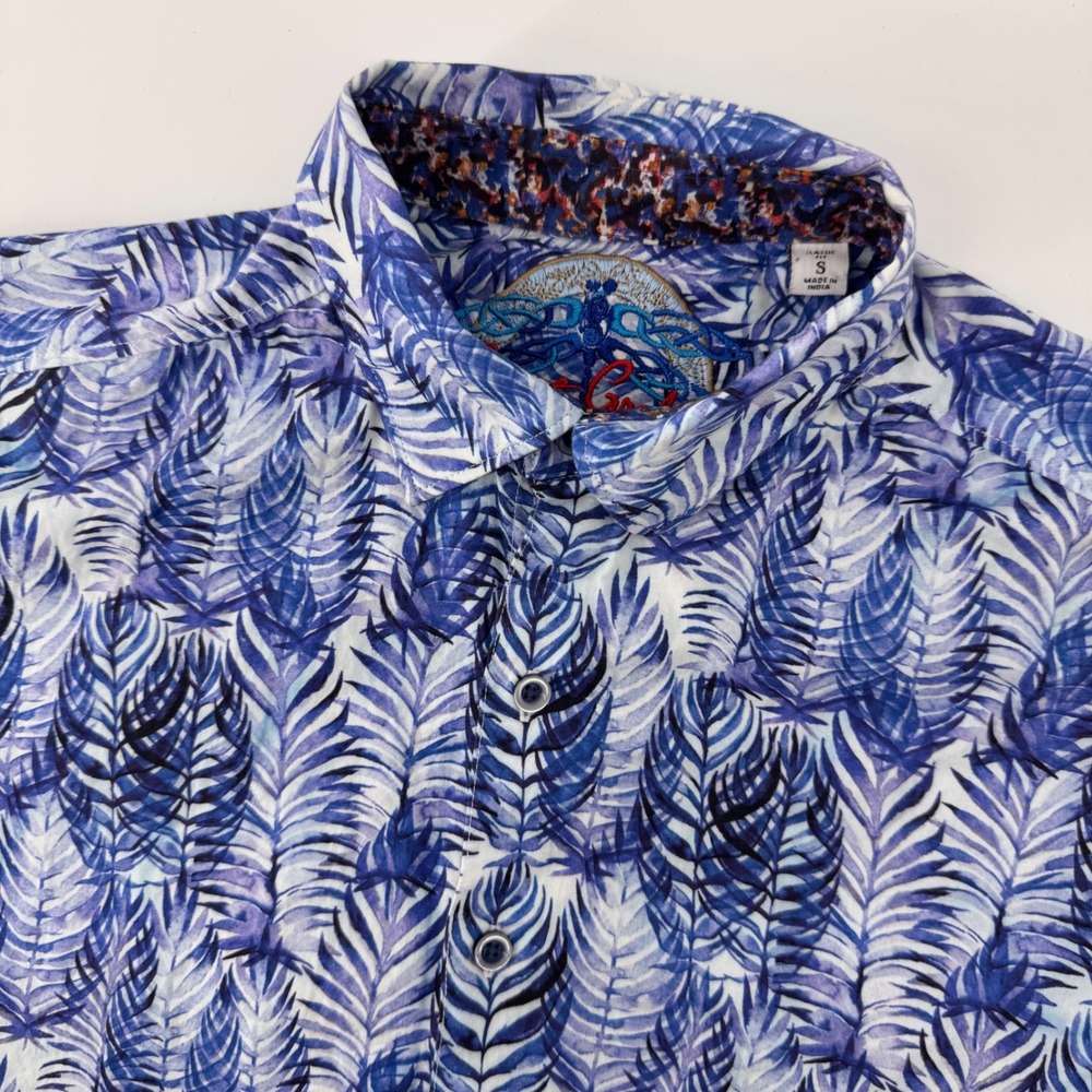 Robert Graham Button Down Mens S Blue Tropical Leaf Print Short Sleeve Shirt